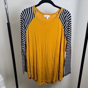 Hailey & Co Yellow Navy Striped Casual Long Sleeve Tee with Elbow Detail Size L